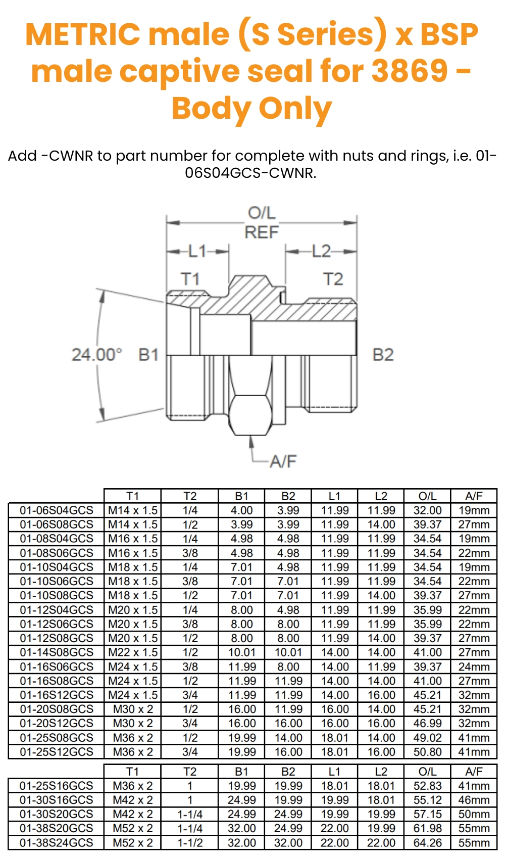 M36X2 (25S) x 1 BSP Captive Seal 3869M/M - Body Only Hydraulic Adaptor